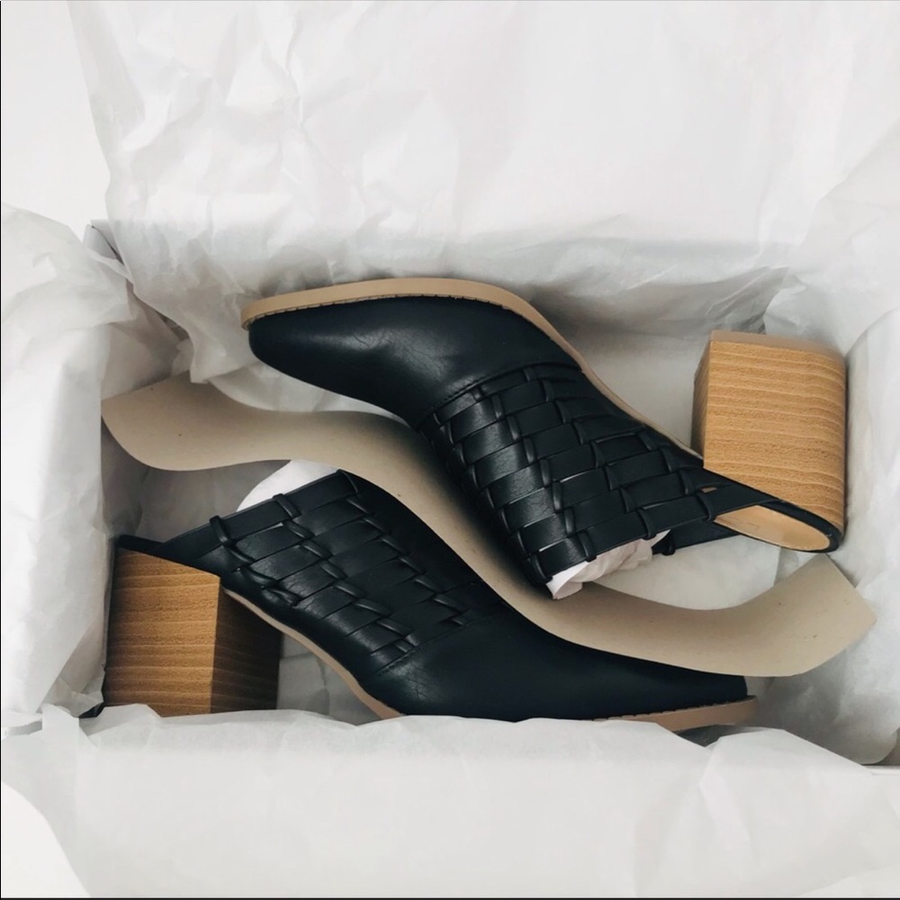 New! Faux Leather Block Heel Pointed Mules Heels